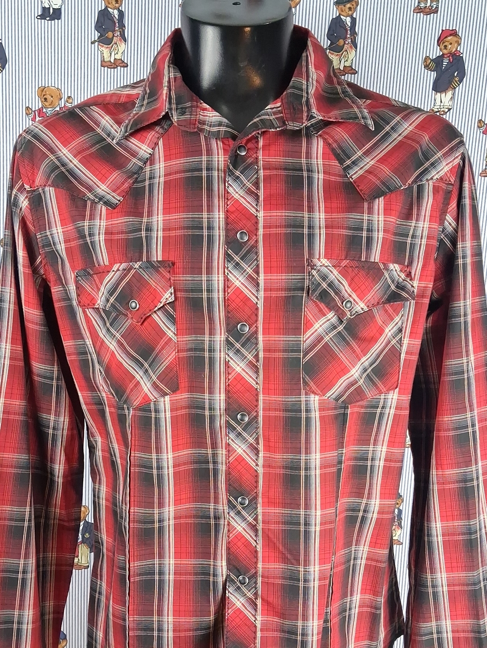 Wrangler Pearl Snap Plaid Red & Black Long Sleeve Weatern Cowboy Casual Lg Shirt